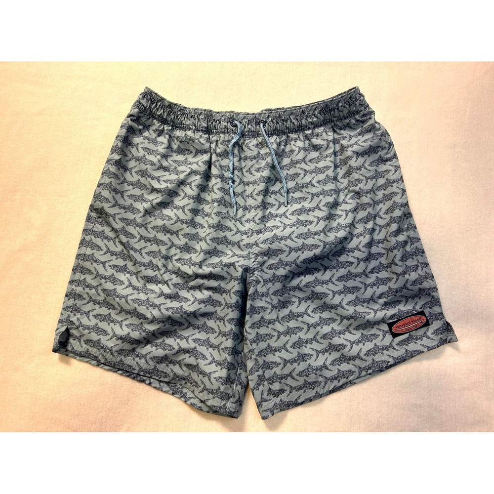 Vineyard Vines Shark Print Swim Trunks Mesh Lined Drawstring 7" Men's Medium - Picture 2 of 13